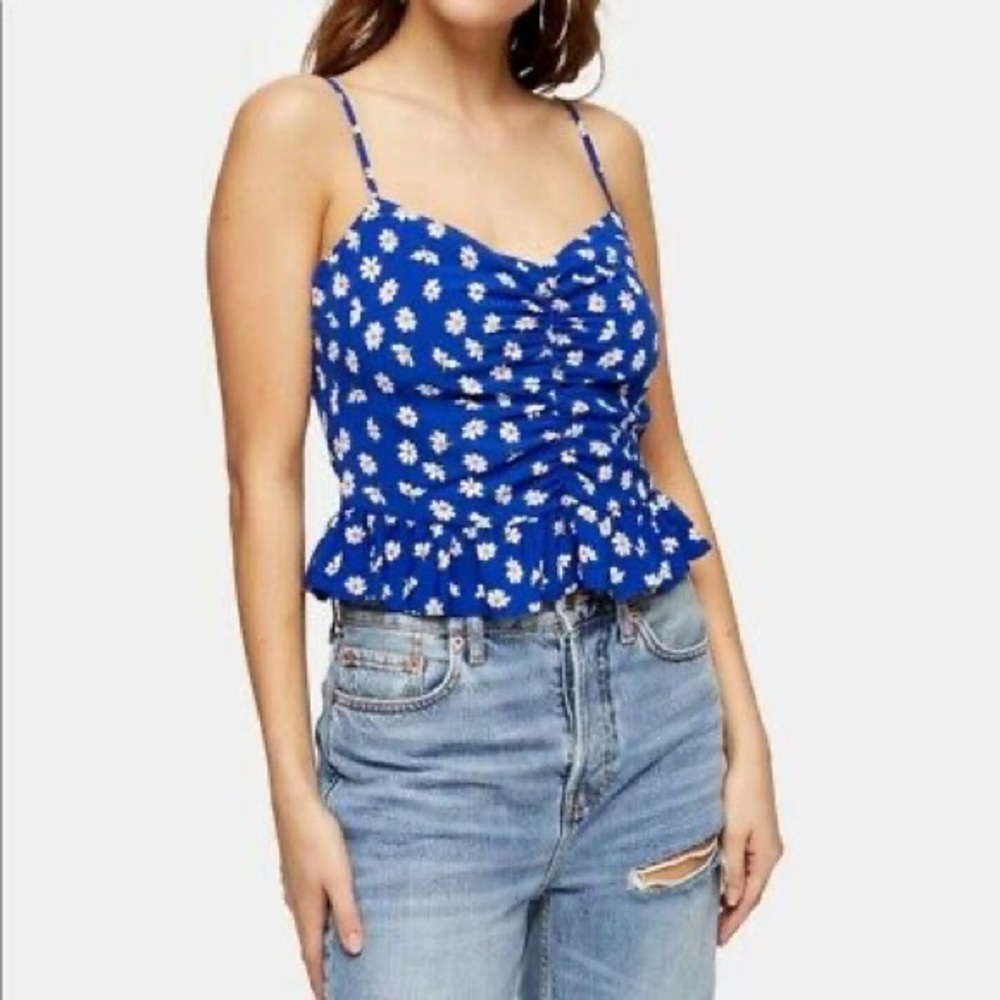 Topshop Blue White Floral Printed Cropped Tank Top Ruffle Hemline Womens 6